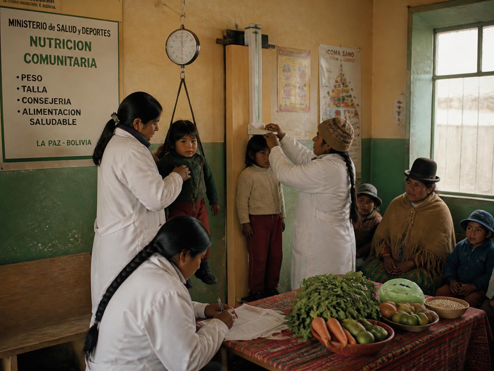 Bolivian nutritionists weighing and measuring children at a community health post in La Paz