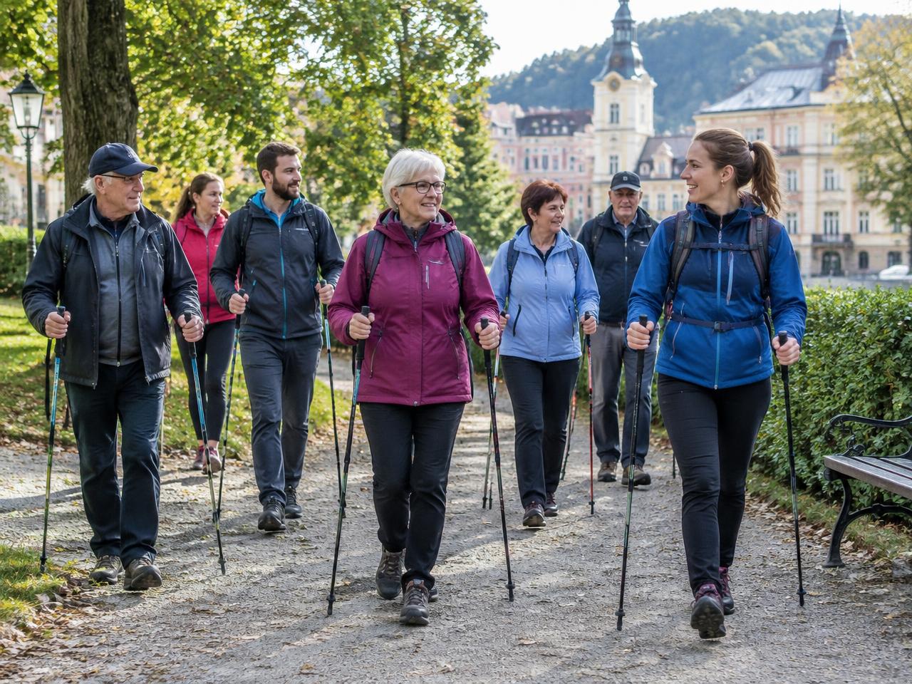 A Nordic walking group in a Czech town park
