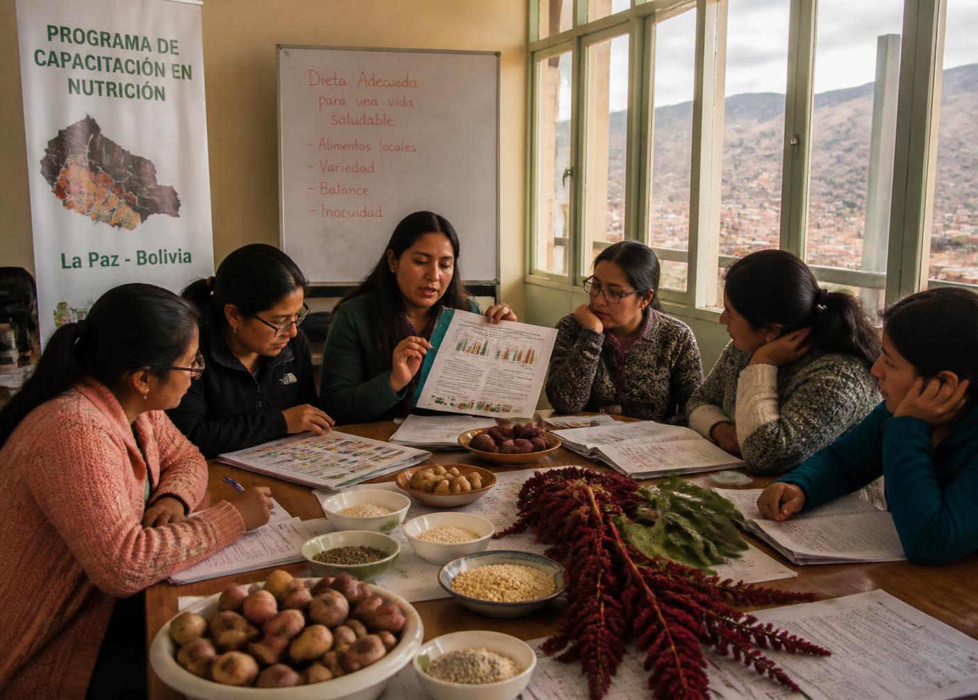 Nutrition training workshop for Bolivian health professionals with local Andean foods on the table